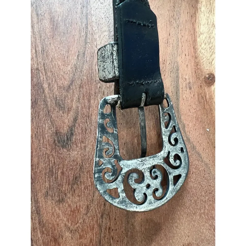Vintage 90's black leather belt intricate antique silver buckle M 31-34 western